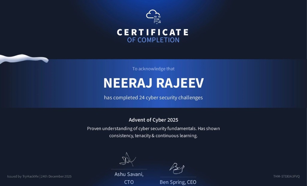 Advent of Cyber 2025 Certificate